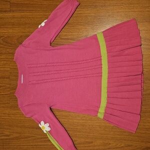 Florence Eiseman Pink Knit Dress with Green Trim Floral Sleeve Accents